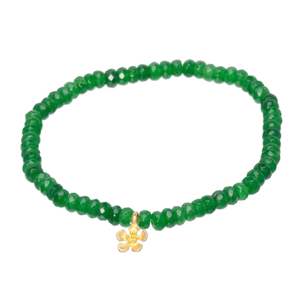 Green Dyed Jade Stretch Bracelet 4mm – Faceted Rondelle Beads with Gold Flower